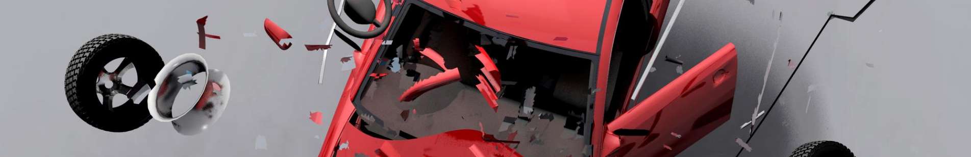 Red car smashing into pieces upon impact.